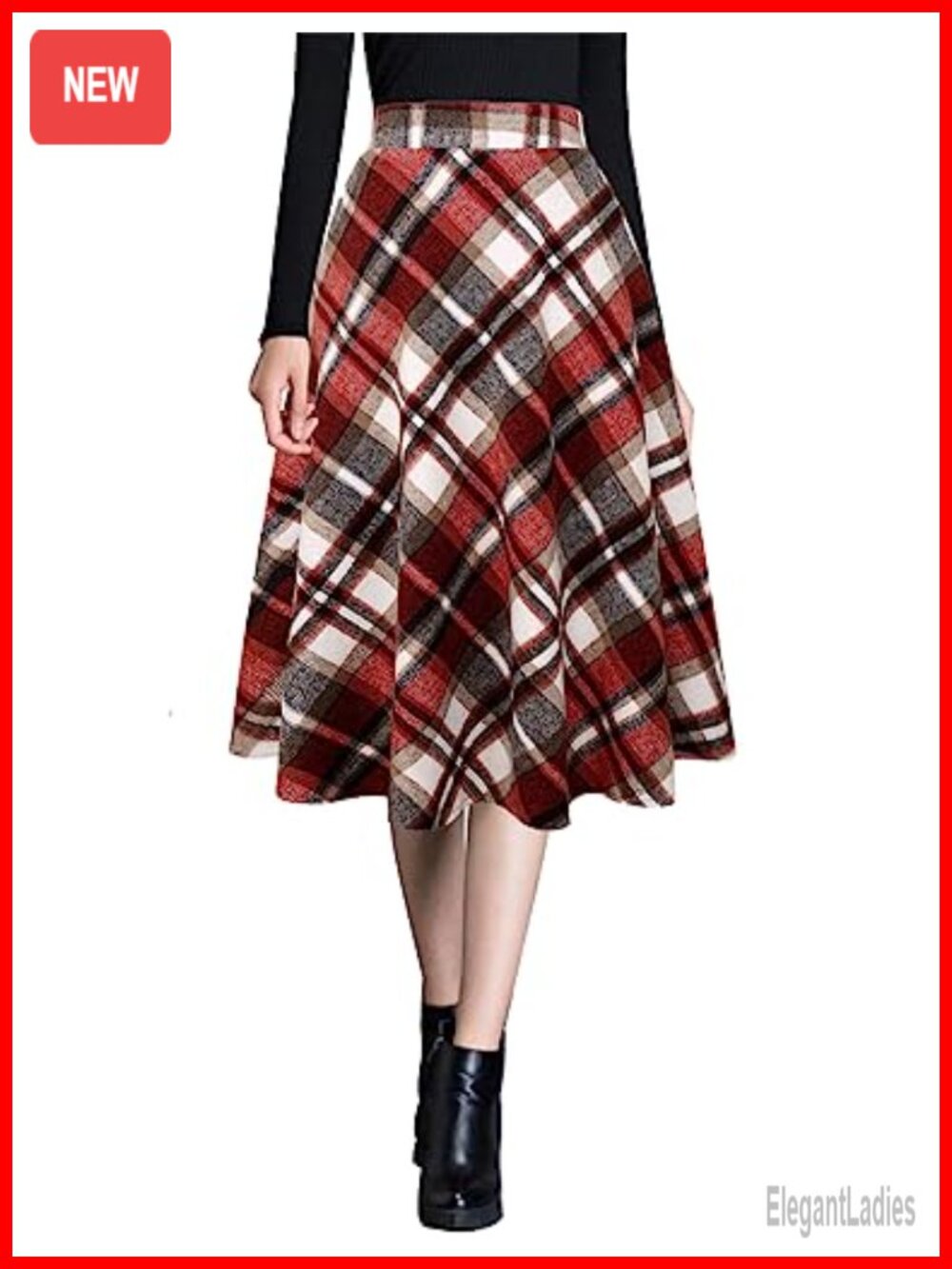 Wool Blend A-Line Midi Skirt High Elastic Waist Flared Pleated